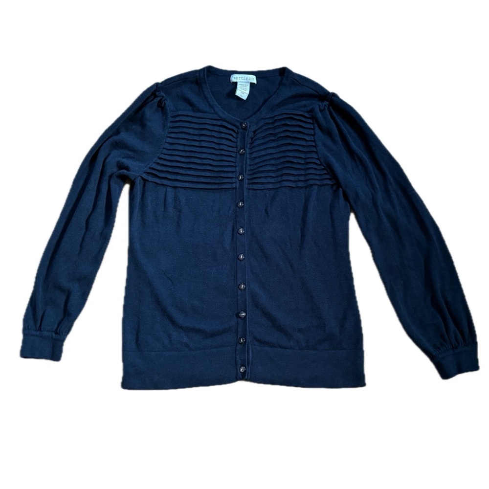 Navy Blue Pleated Chest Button Front Cardigan Sweater Sz. Large Preppy Lagenlook